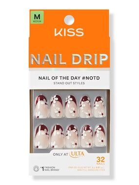 Kiss NAIL DRIP Medium Length Press On Nails "Like-Minded" Red Floral Print NIB